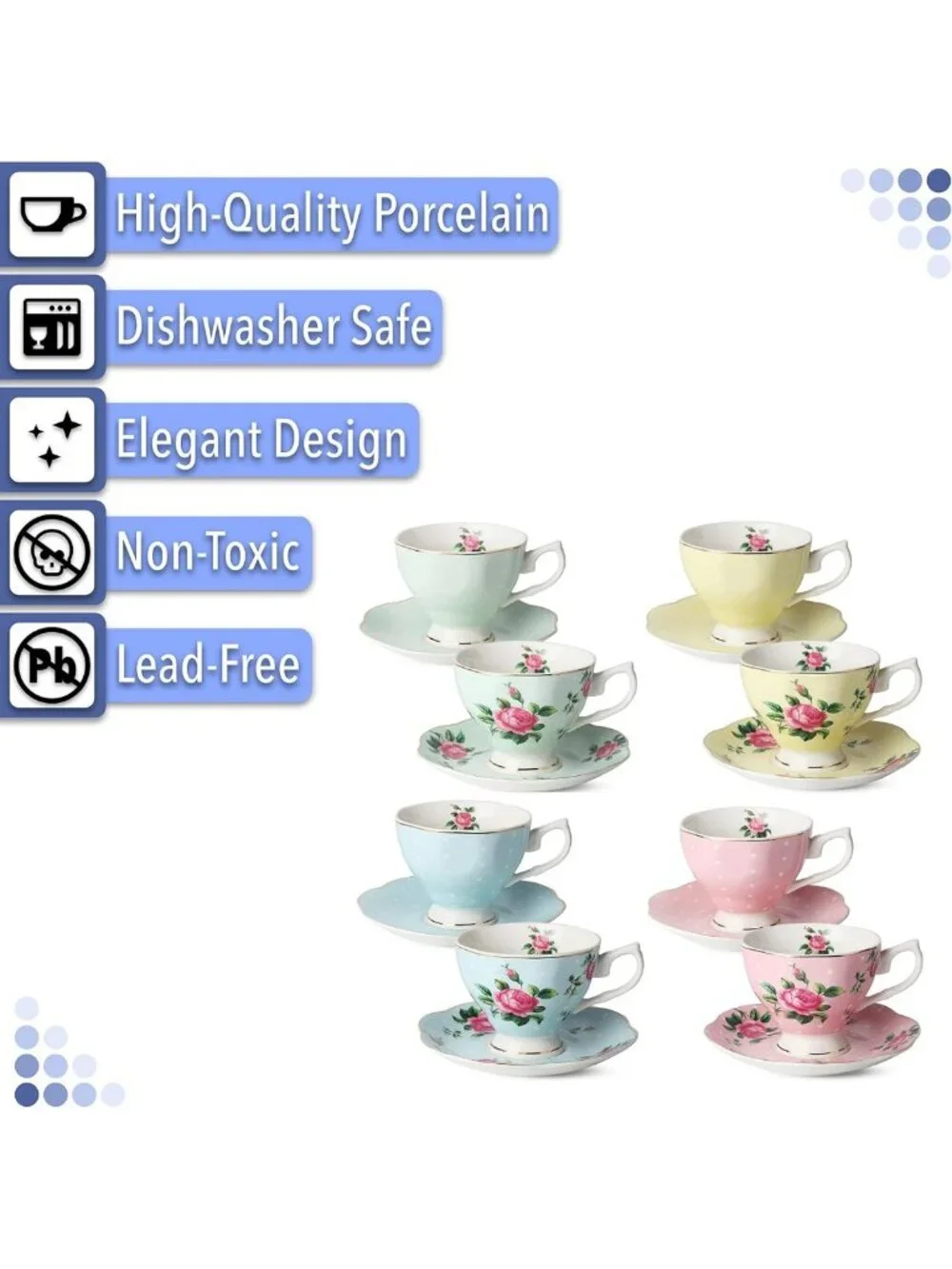 Floral Teacup Set of 8 | Fine Porcelain, Gold Trim, Dishwasher Safe, Perfect for